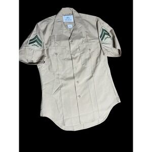 DSCP Valor Marine USMC Button Up Shirt Military Khaki Short Sleeve Size 15